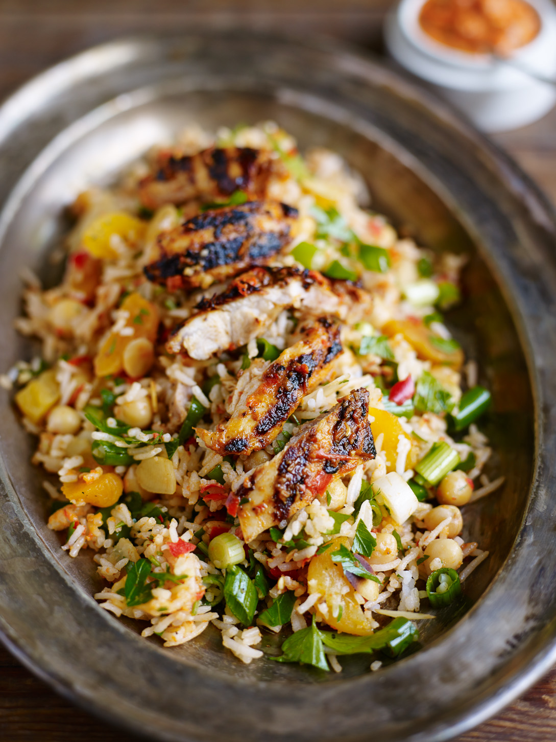 Moroccan Amira Rice Salad with Harissa Chicken, Apricots and Chickpeas