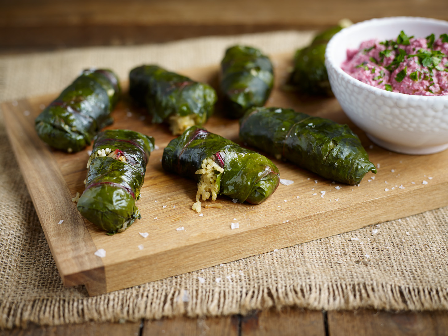 Amira Beet-leaf Dolmades with Beetroot & Walnut Tzatziki